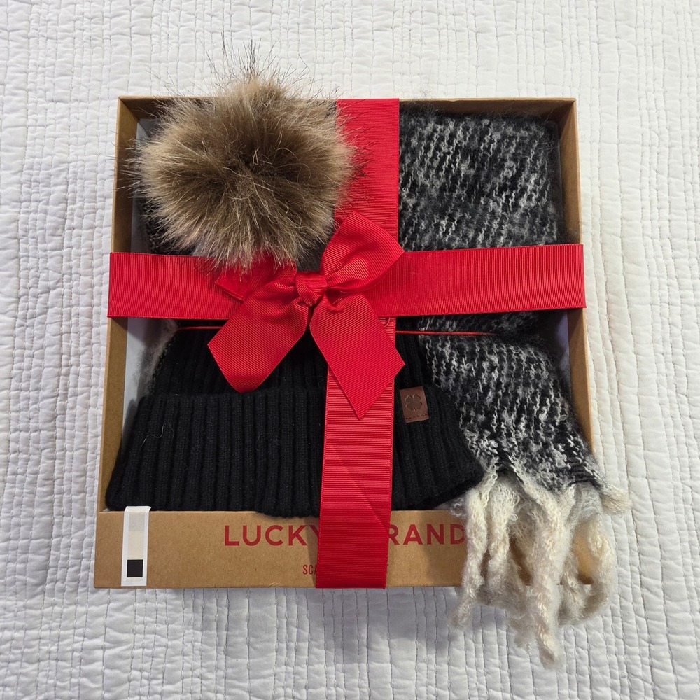 Lucky Brand NWT Beanie Scarf Gift Set Black Grey Faux Fur Pom Pom Winter NEW